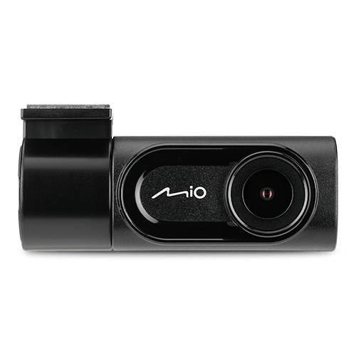 Črna avto kamera z logotipom 'Mio' na sredini. Kompaktna oblika, primerna za namestitev v vozilu za snemanje videoposnetkov.