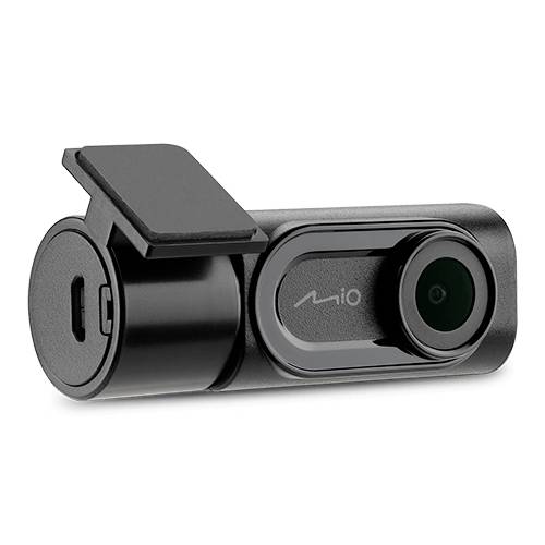 Črna nadzorna kamera z pravokotnim ohišjem in zaobljenimi robovi. USB-C priključek na levi strani. Blagovna znamka 'mio' spredaj.