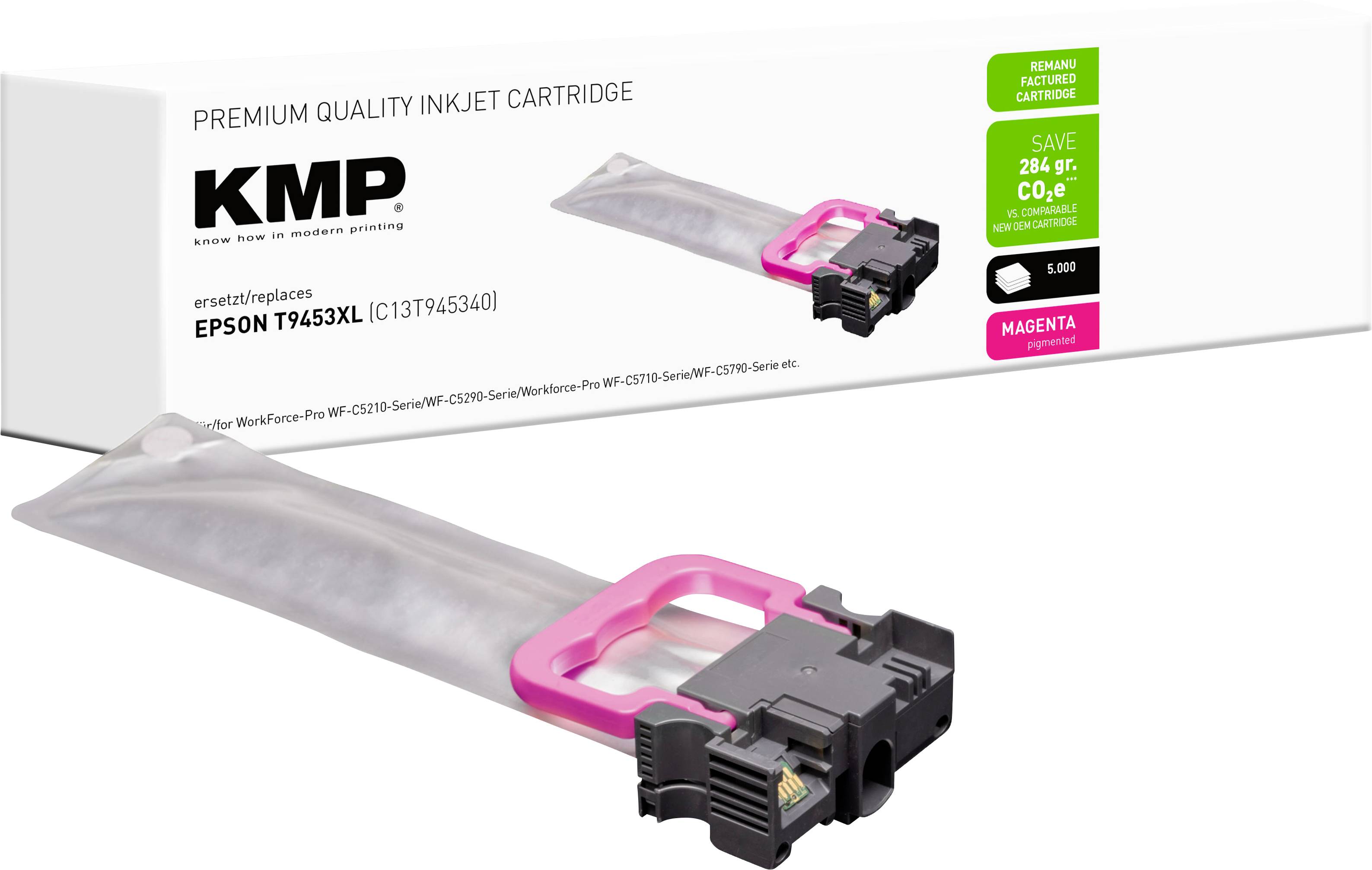'KMP črnilni vložek, združljiv z Epson T9453XL v magenti. Embalaža poudarja prihranke CO2, pakiranje vsebuje en črnilni vložek.'