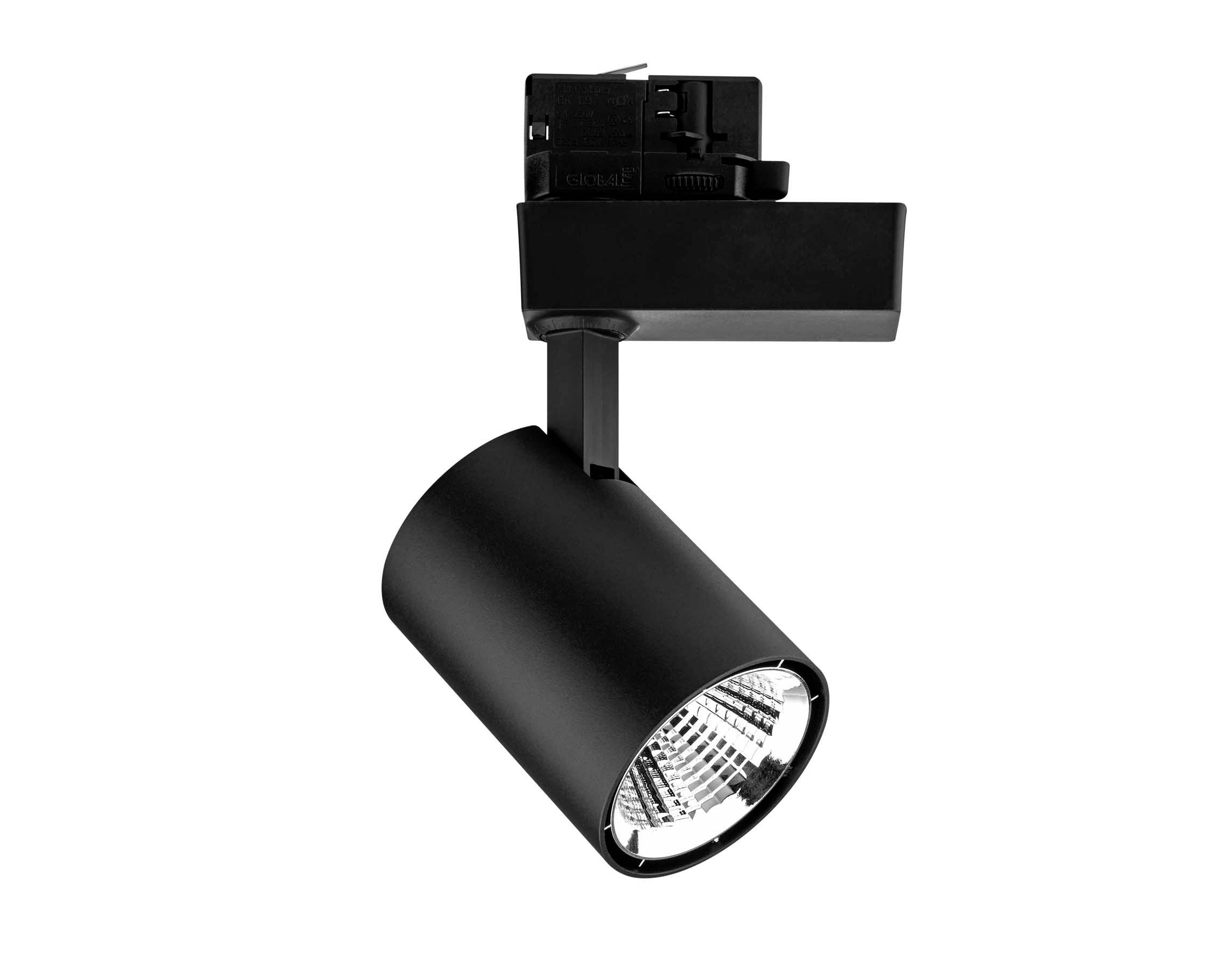 Črni LED-reflektor, usmerjen navzdol, s cilindričnim ohišjem svetilke in nastavljivo gibljivo roko za fleksibilno osvetljevanje.