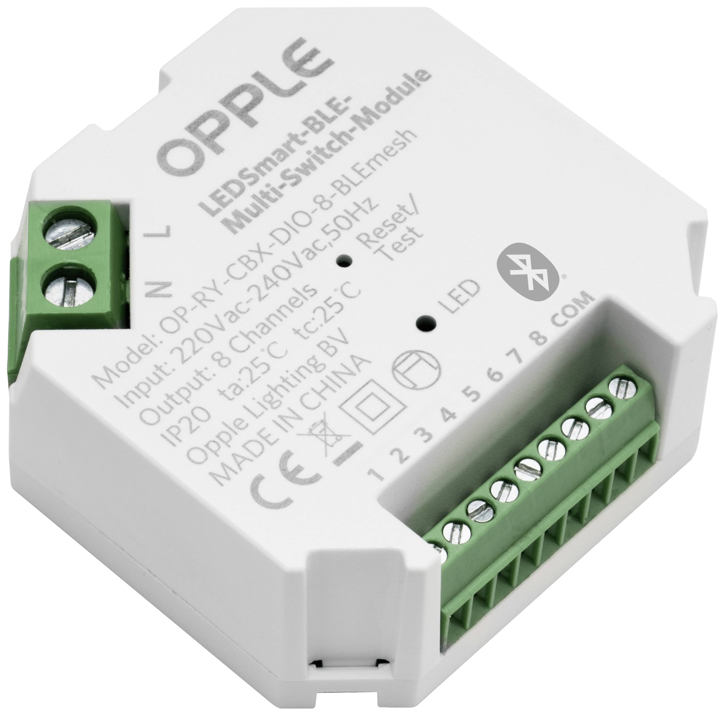 Belo LED pametno BLE večfunkcijsko stikalno modulo z več zelenimi priključnimi sponkami, primerno za napetostne vhode 220-240 V, IP20.