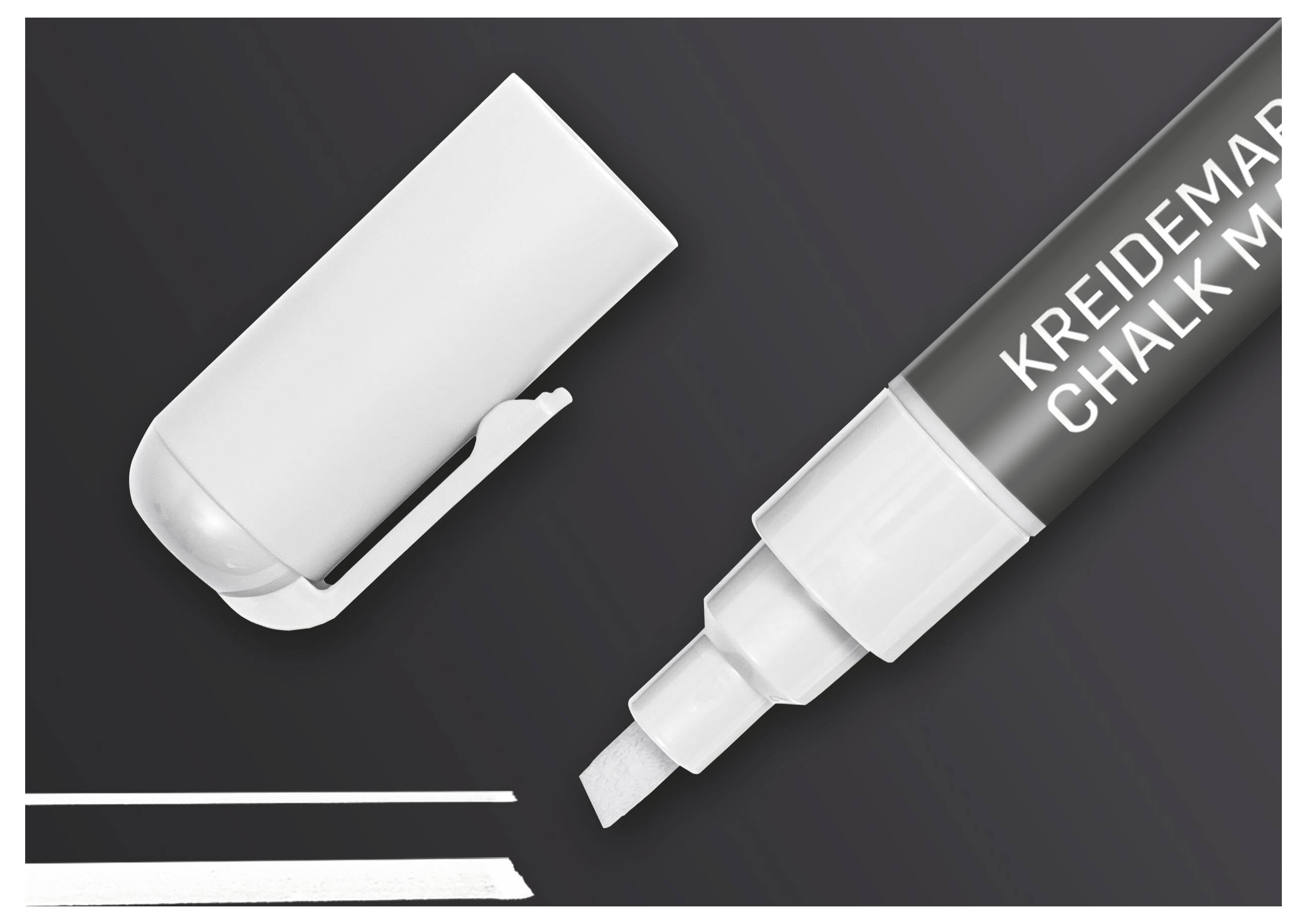 Beli markerji z belo črto na temni podlagi; oznaka se glasi 'KREIDEMARKER CHALK MARKER'.