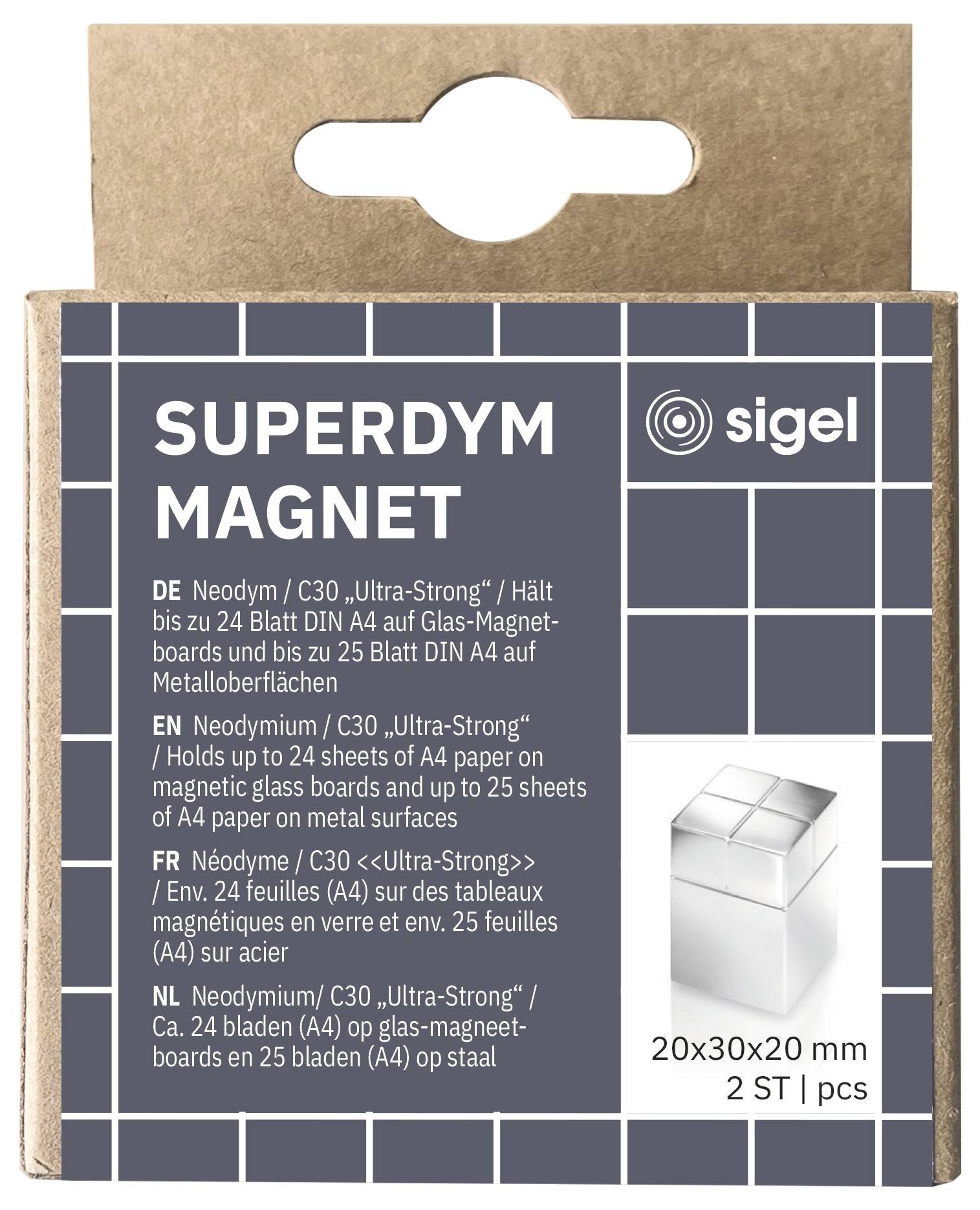 Paket magnetov Sigel SUPERDYM MAGNET iz neodima, 20x30x20 mm, 2 kosa, prikazan na rjavi kartonski embalaži.