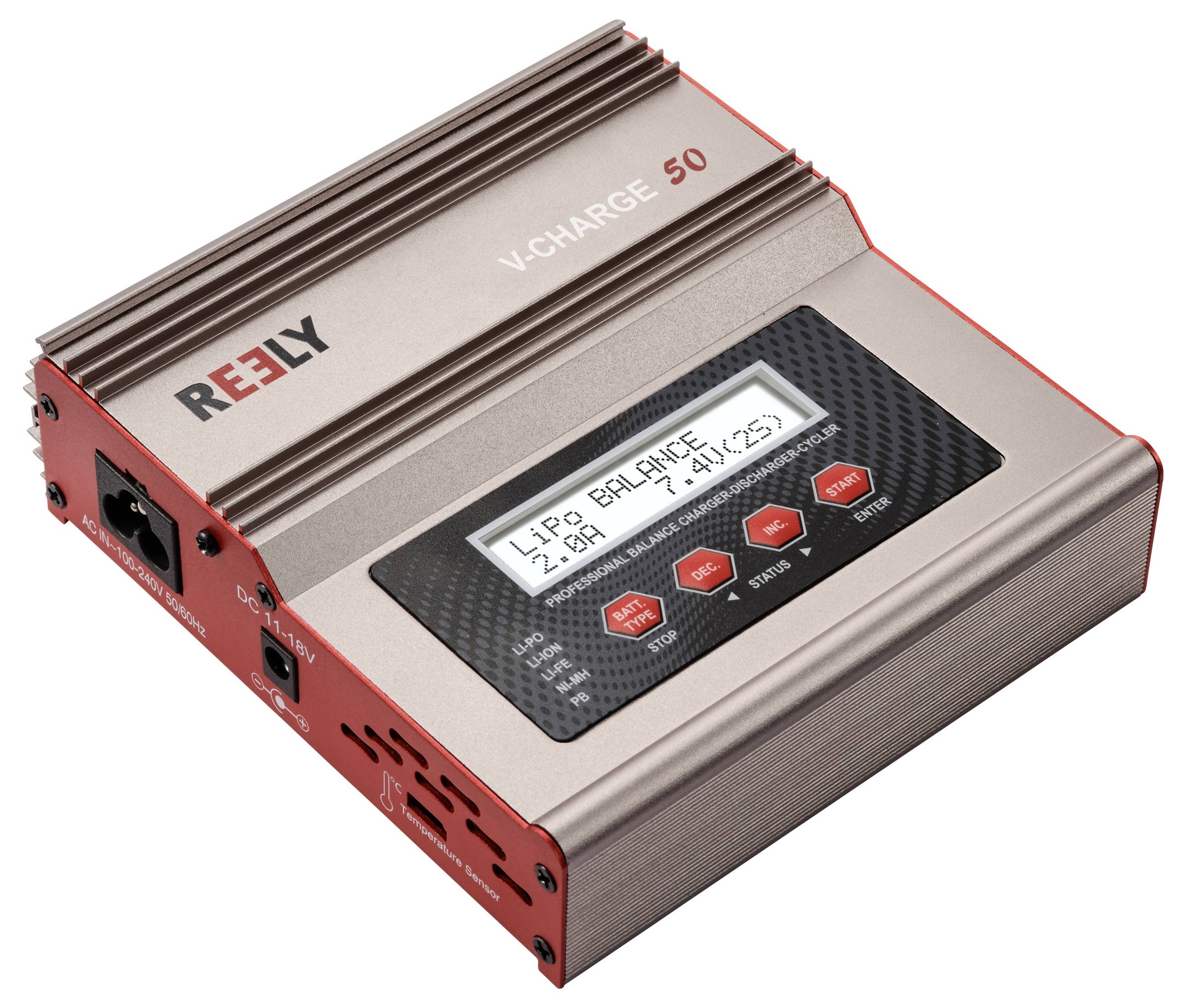 Polnilnik z zaslonom prikazuje 'LiPo Balancer 2.2A, 7.4V (2S)'. Naprava je srebrno-rdeče barve z oznakama 'Y-Charge 50' in 'REELY'.