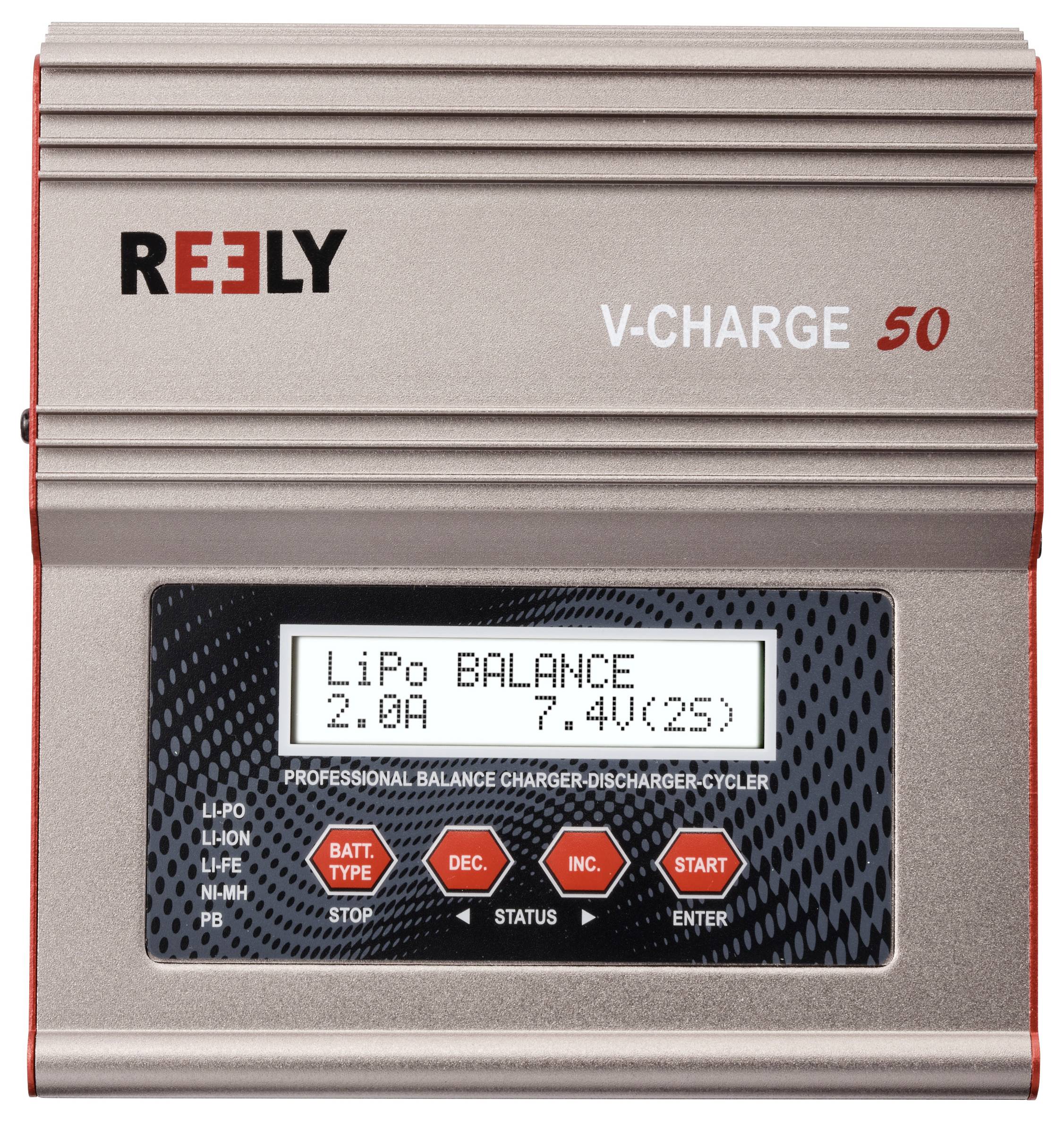 Polnilnik z napisom 'REELY V-CHARGE 50'. Digitalni zaslon prikazuje 'LiPo BALANCE 2.0A 7.4V(2S)'. Pod njim so tipke za upravljanje.