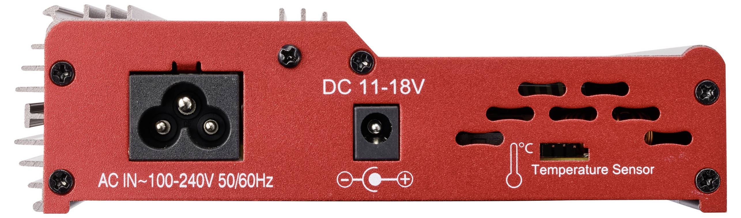 Rdeča elektronska naprava, posneta od zadaj, z napajalnikom, območjem napajanja 'AC IN: 100-240V 50/60Hz', DC priključkom 'DC 11-18V' in priključkom za temperaturni senzor.