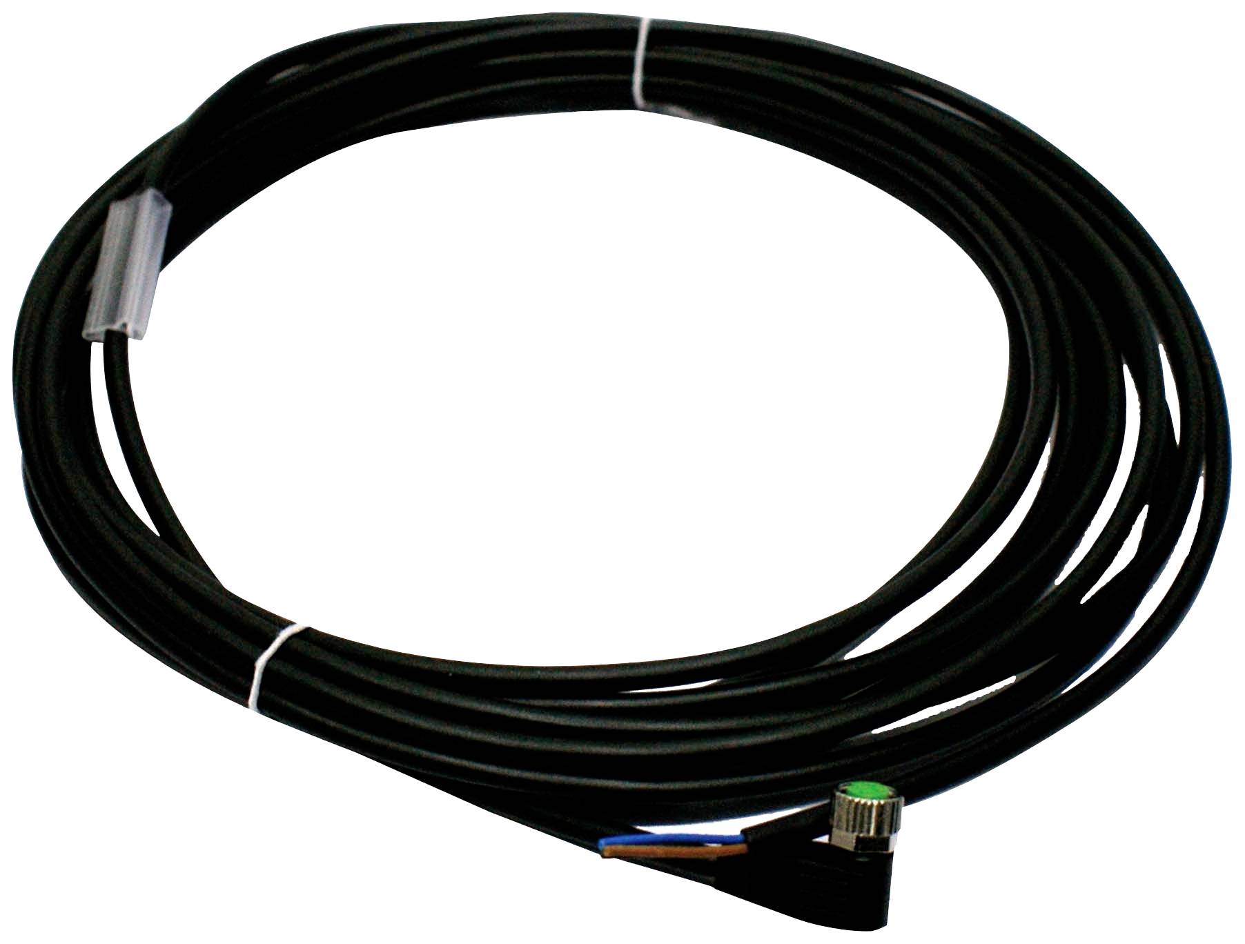 Dolg, črn kabel, navit, z vtikačem na enem koncu.