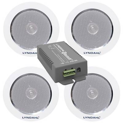 Štirje okrogli beli zvočniki s sivo mrežico in napisom 'Lyndahl', razporejeni okoli bluetooth adapterja.