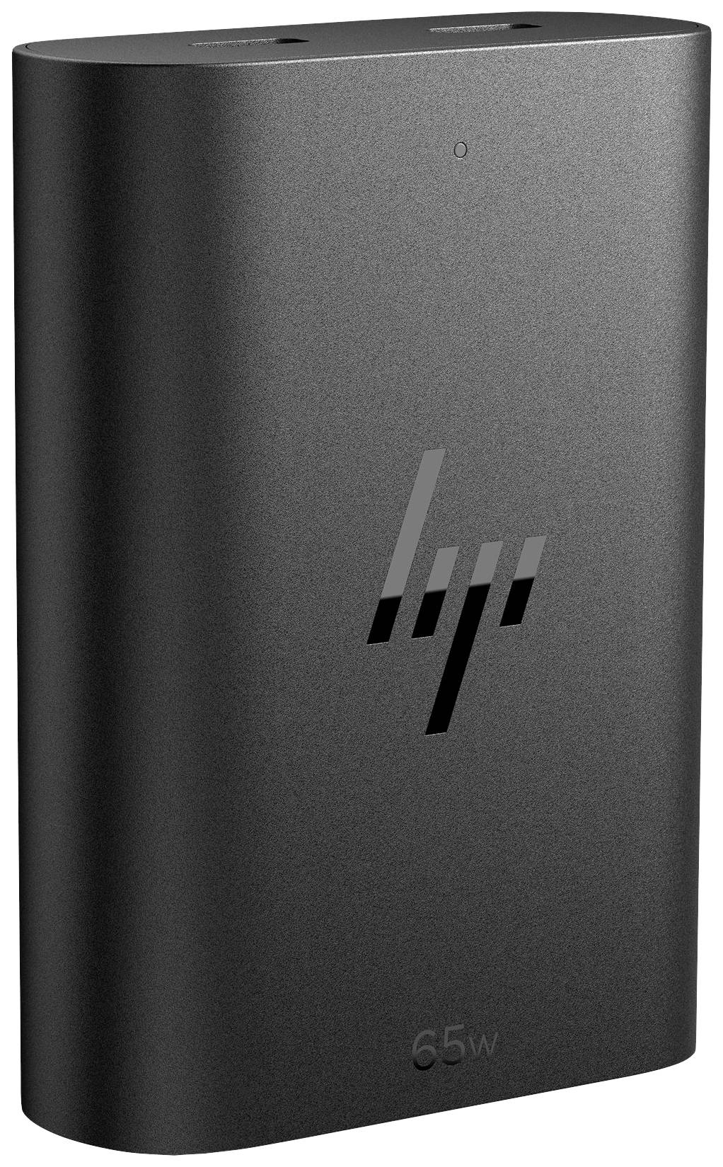 Črna prenosna baterija znamke 'HP' z napisom '65W', ki ima na vrhu dva priključka za polnjenje.