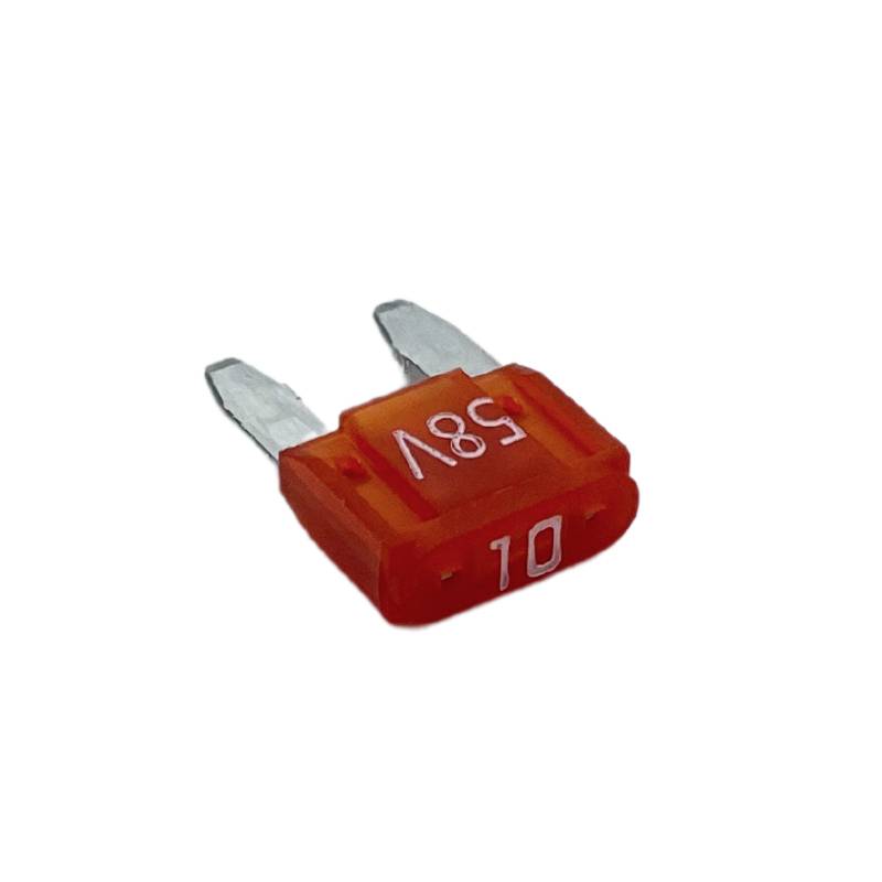 Rdeča 10-amperska ploščata varovalka za električno napravo, ki prikazuje napetostno oznako '58V'.