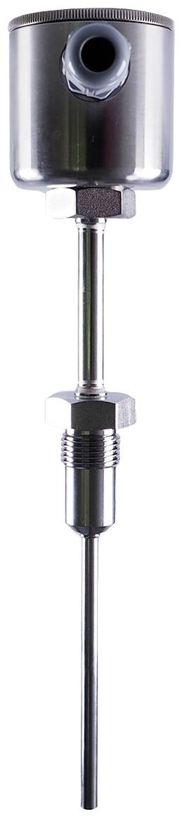 Kovinski merilnik temperature z dolgim palcem, verjetno termometer ali senzor, namenjen industrijski uporabi.