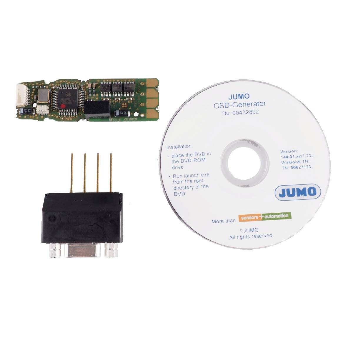 'Elektronska komponenta, vtični modul in programska CD-plošča podjetja Jumo. CD vsebuje namestitvena navodila za generator GSD.'