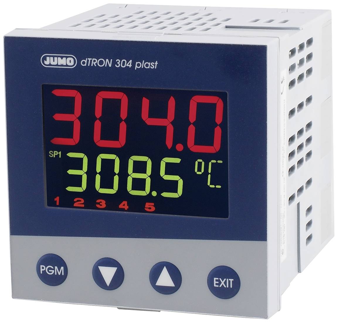 Digitalni temperaturni regulator z rdečim prikazom '304,0' za trenutno temperaturo in zelenim prikazom '308,5 °C' za nastavljeno temperaturo.