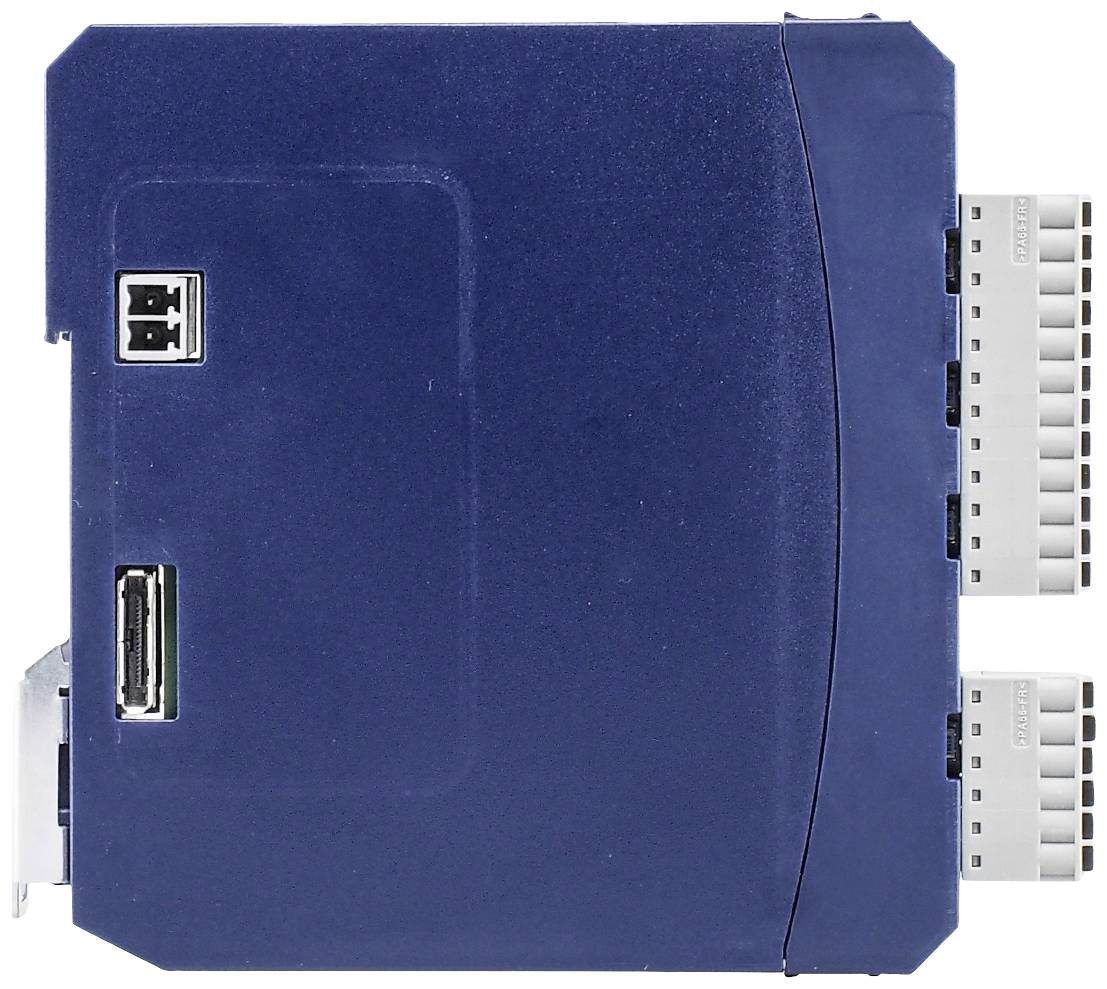 Modra elektronska naprava z več priključki na zgornji strani in dvema USB priključkoma na levi strani.
