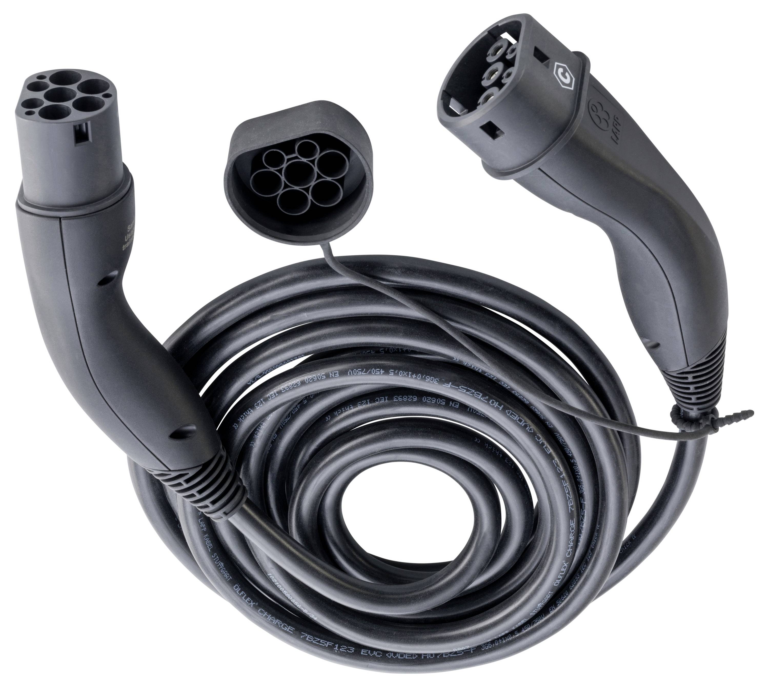 Črn tip-2 polnilni kabel, zvit, z dvema priključkoma za uporabo v električnih vozilih.