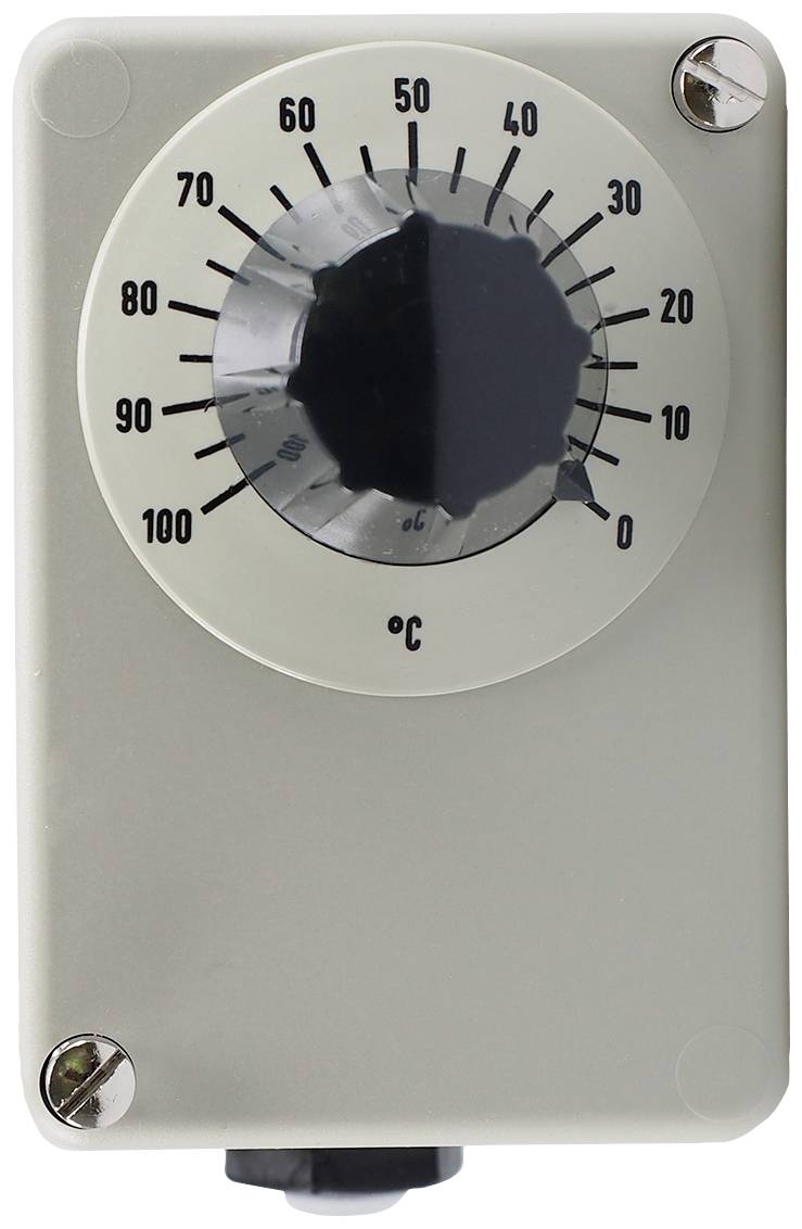 Analogni rotacijski termostat z lestvico od 0 do 100 °C, nastavljen na približno 60 °C.