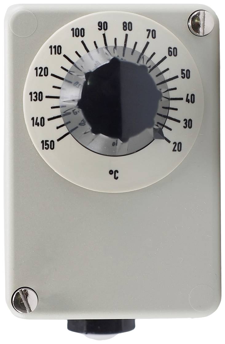 Siva ohišje z velikim, črnim vrtljivim regulatorjem. Regulator prikazuje temperature od 0 do 150 stopinj Celzija.