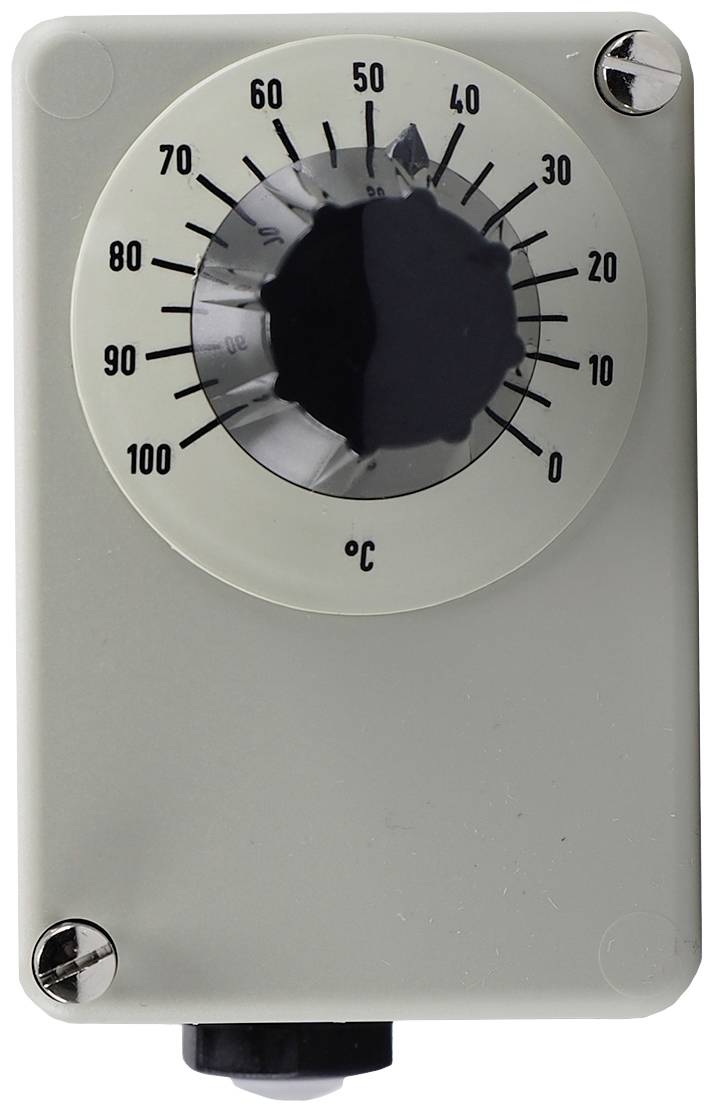 Analogni temperaturni regulator z vrtljivim gumbom in lestvico od 0 do 100 stopinj Celzija.