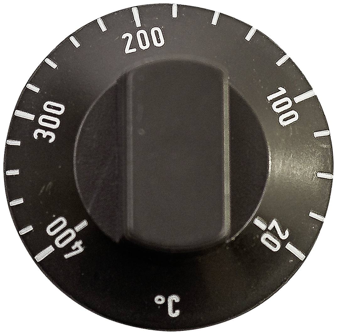 Vrtljivi gumb s temperaturno lestvico od 0°C do 400°C po korakih po 20°C. Označen pri 200°C.