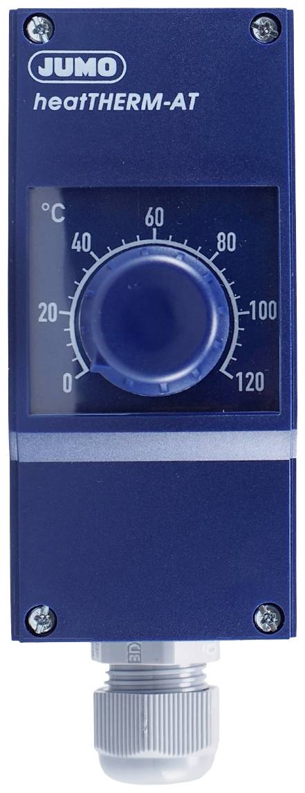 Termostat znamke JUMO, model "heatTHERM-AT", prikazuje lestvico od 0 do 120 stopinj Celzija, modro ohišje.