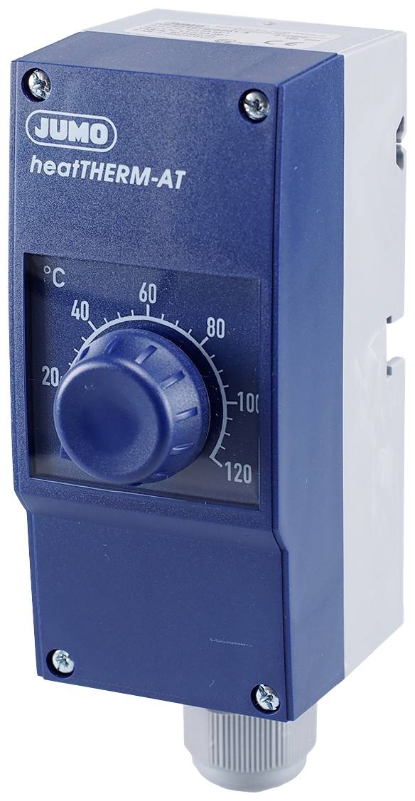 Modra temperaturna nastavitvena enota z vrtljivim gumbom in lestvico Celzija od 0 do 120. Logotip 'JUMO heatTHERM-AT' zgoraj.