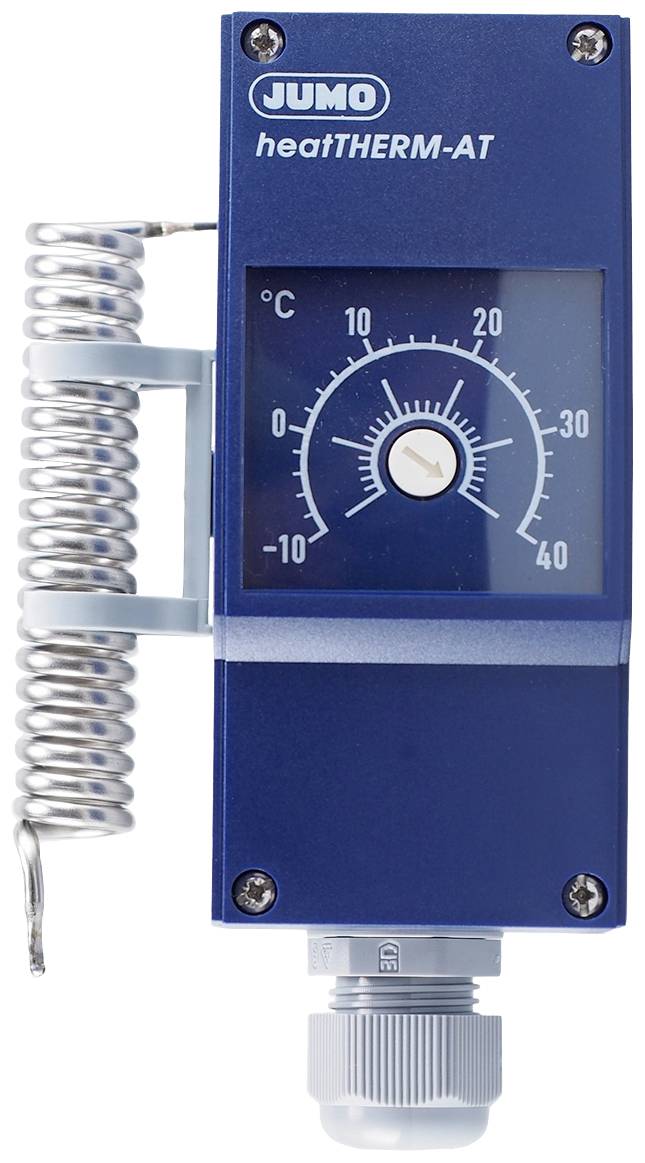 Moder temperaturni regulator z lestvico od 0 do 40 stopinj Celzija. Vijačasta kovinska sonda na levi strani. Označen z 'Jumo heatTHERM-AT'.