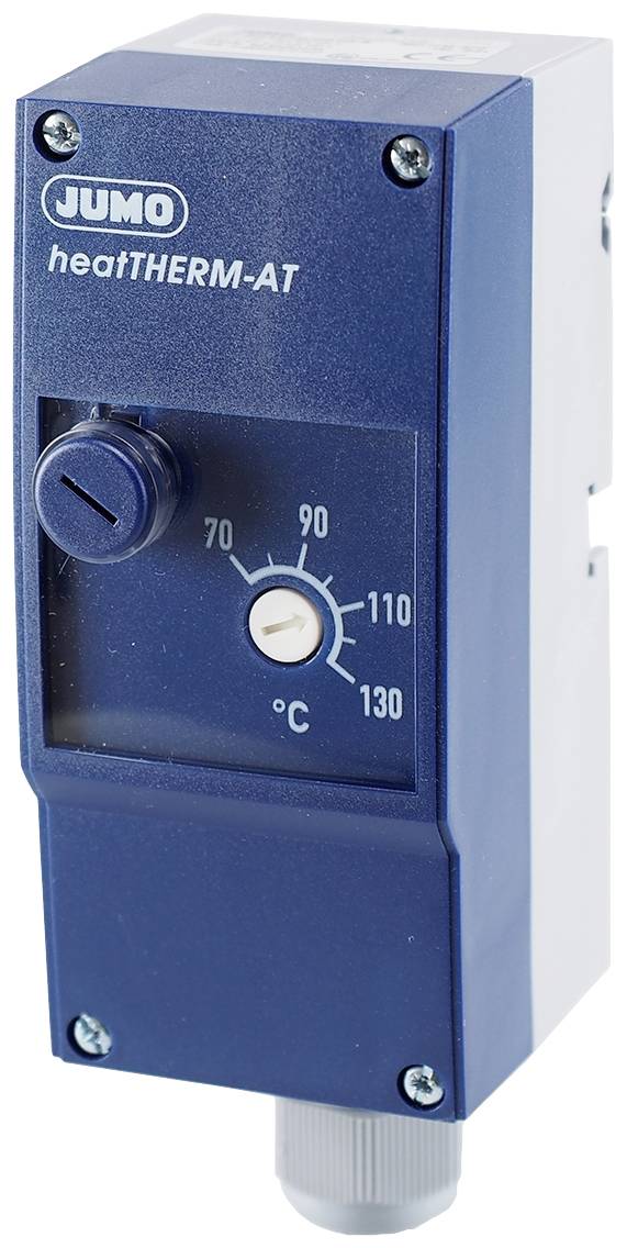 Temperaturni regulator JUMO, model heatTHERM-AT, z lestvico od 0 do 130°C in nastavitvenim obračalnim gumbom.