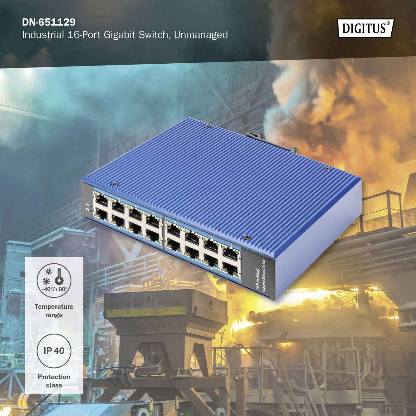 Industrijski 16-portni gigabitni switch, prikazuje povezavo enega switcha s 16 računalniki prek omrežnega kabla.
