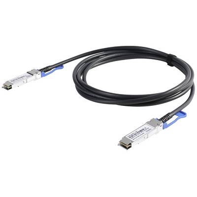 Črni omrežni kabel z kovinskimi priključki na obeh koncih, primeren za prenos podatkov v visokohitrostnih omrežjih.