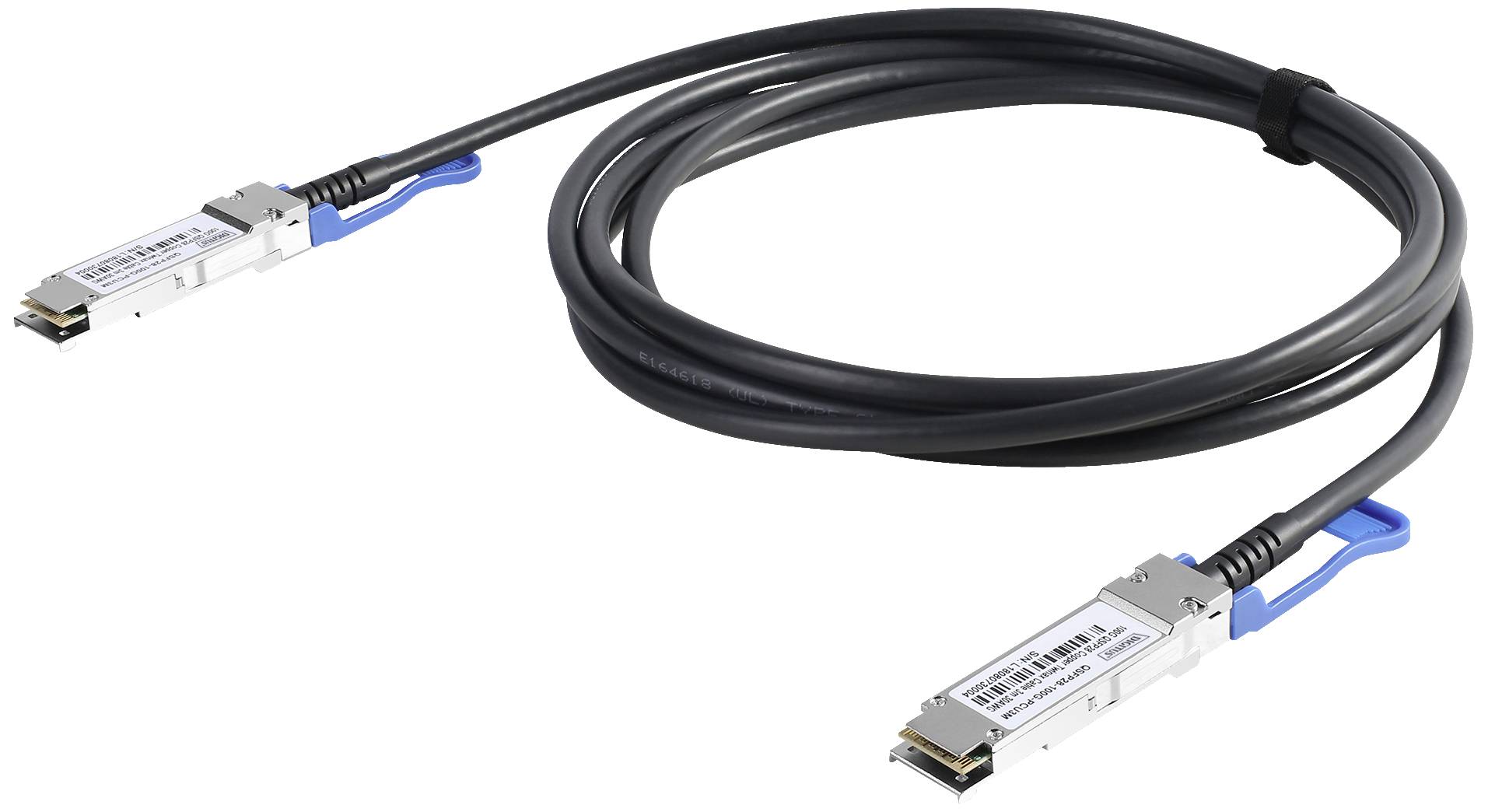Črn kabel z dvema vtičema na obeh koncih; na vtičih so modre sponke za pritrjevanje.