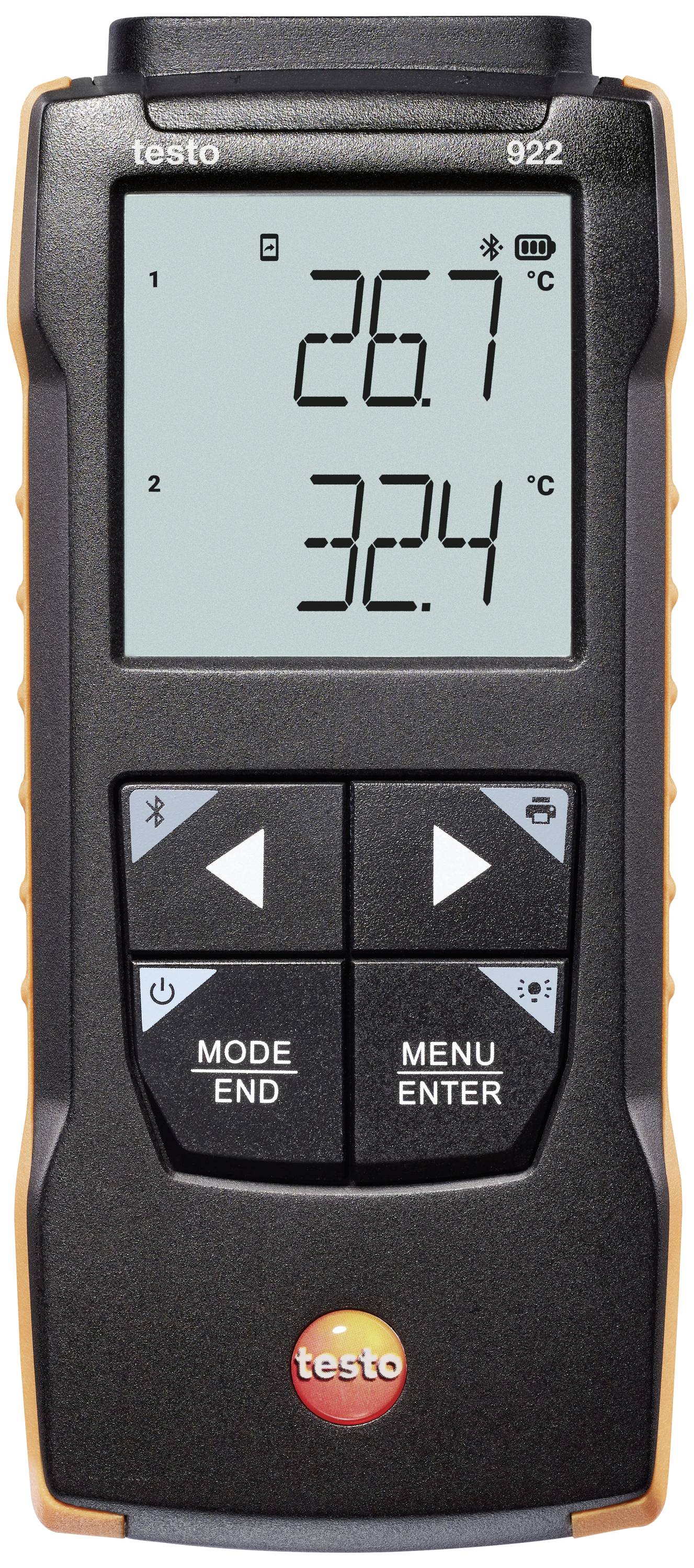 Digitalni termometer z dvema temperaturskima prikazovalnikoma: '26,7 °C' in '32,4 °C'. Velik zaslon z upravljalnimi tipkami spodaj.