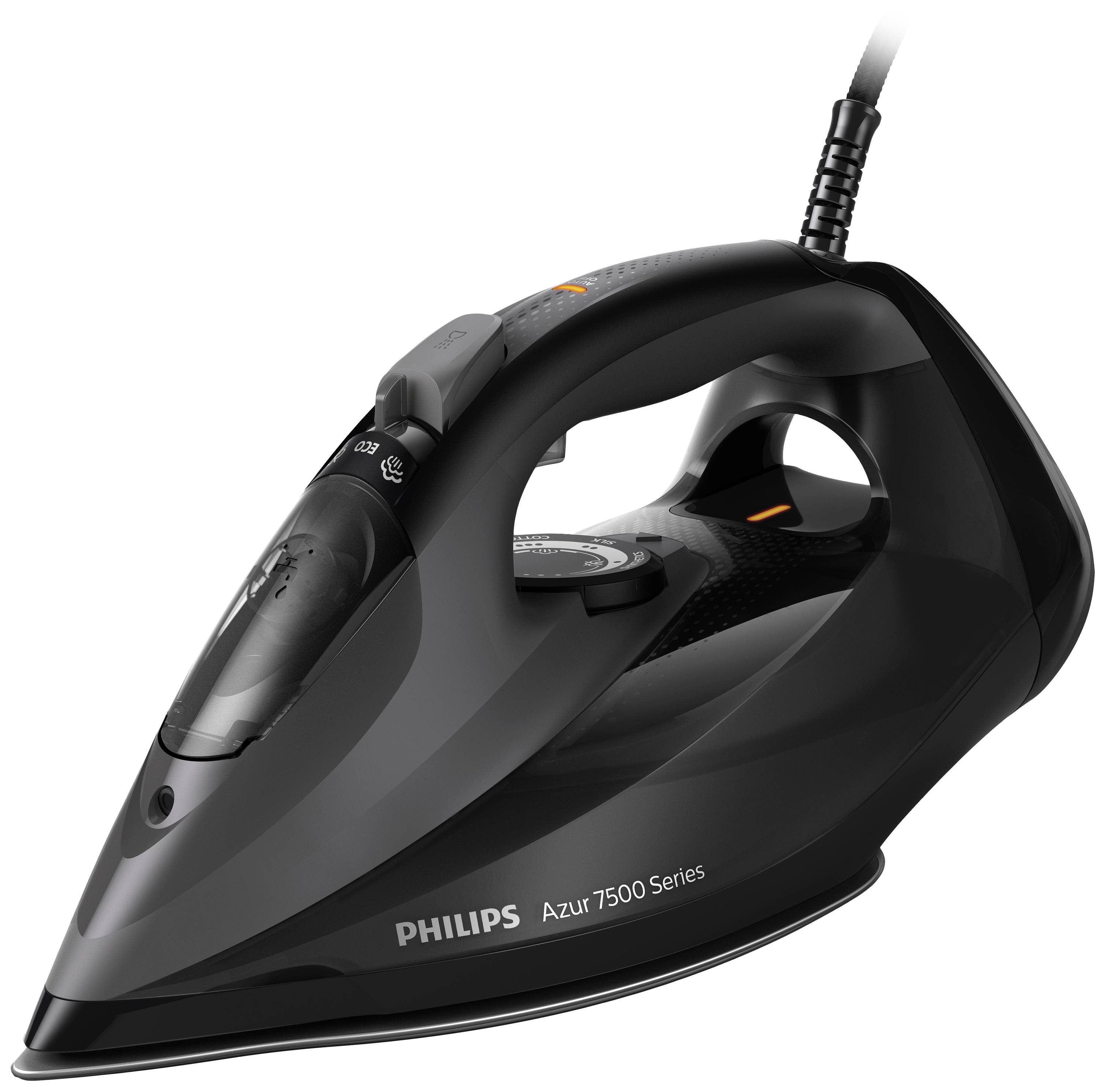 Črn likalnik znamke Philips, model Azur 7500 Series, z aerodinamično obliko in regulatorjem pare.