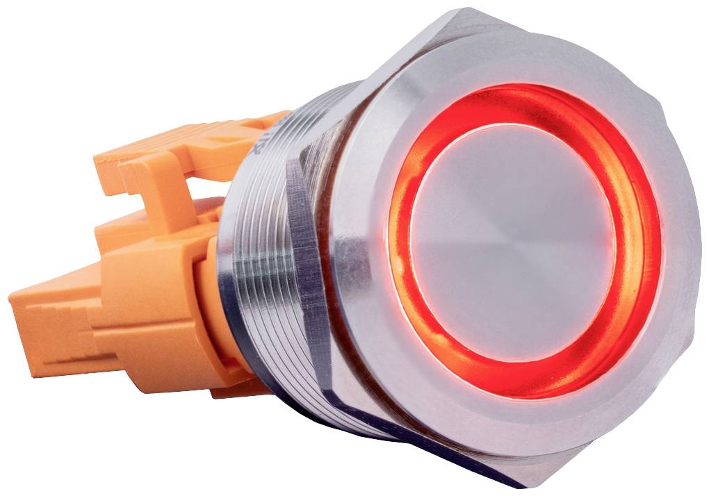 Okrogel, kovinski pritisni gumb z rdečo LED-osvetlitvijo, nameščen na oranžnem plastičnem podstavku.