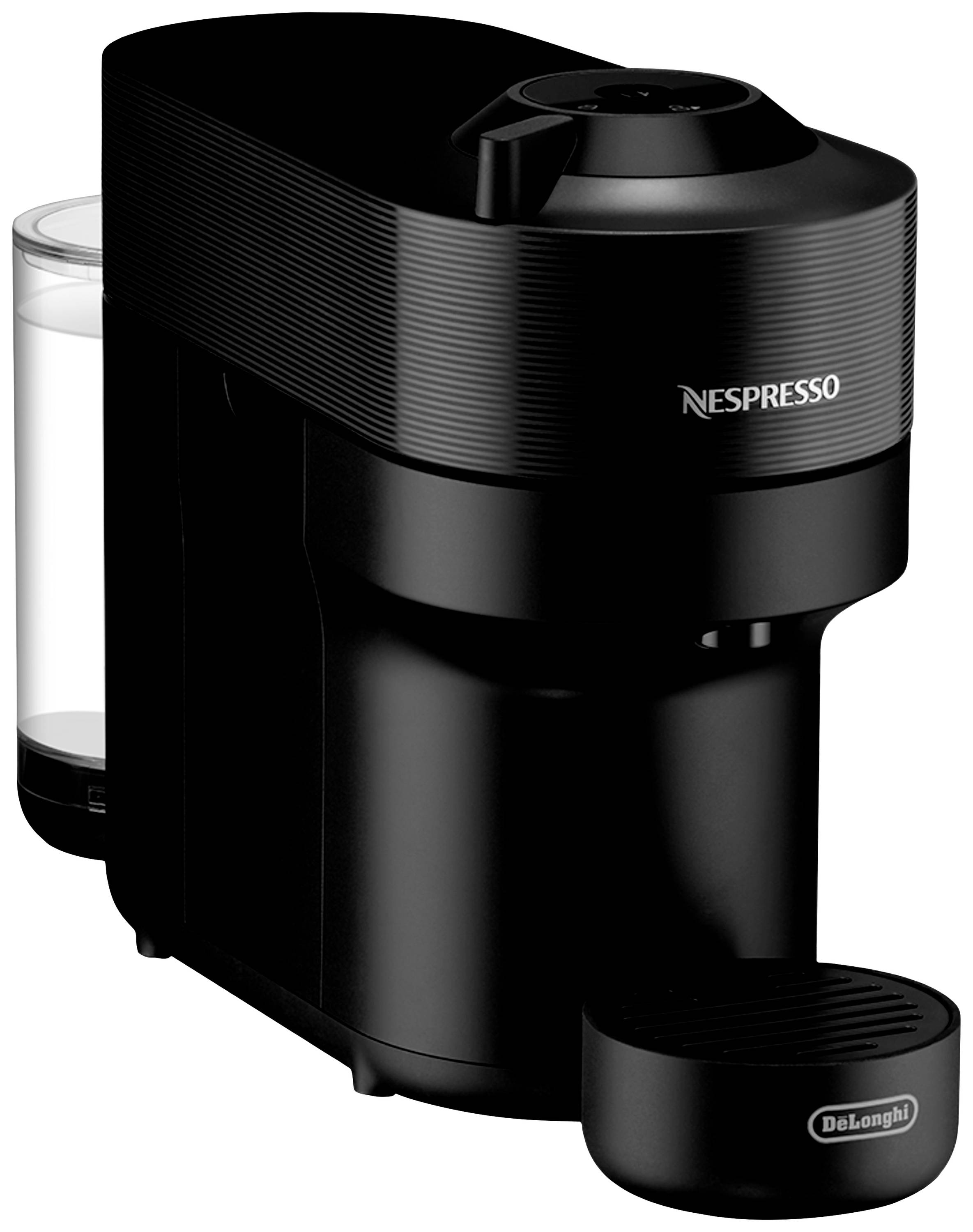 Črni aparat za kavo Nespresso podjetja De'Longhi z prozornim rezervoarjem za vodo na levi strani.