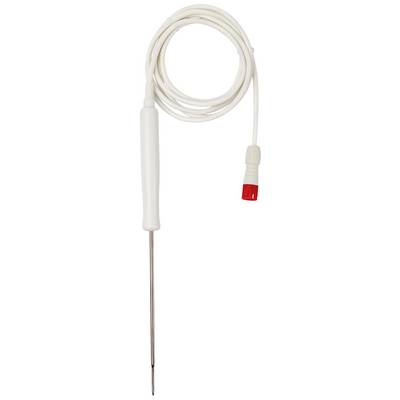 Bel kabel z rdečim vtičem je priključen na termometer. Termometer ima dolgo kovinsko sondo.