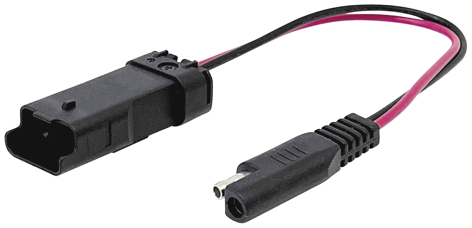 Črn in rdeč kabel s priključki na obeh koncih, primeren za električne priključke v vozilih ali napravah.