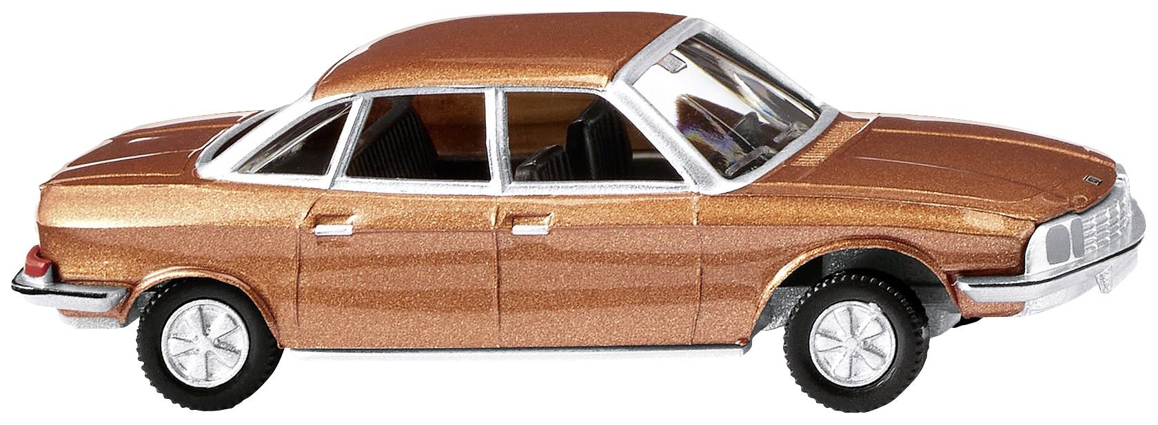 Modelni avto v bronasti barvi, s štirimi vrati in srebrnimi detajli. Avtomobil ima klasično obliko limuzine.