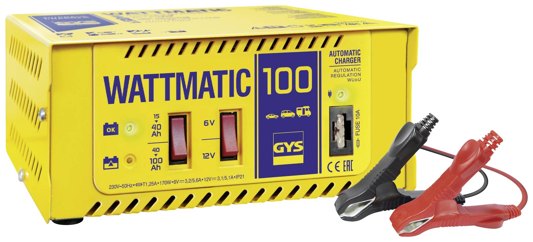 Rumeno baterijski polnilnik 'Wattmatic 100' z dvema indikatorskima lučkama za 6V in 12V; rdeče in črne sponke na strani.