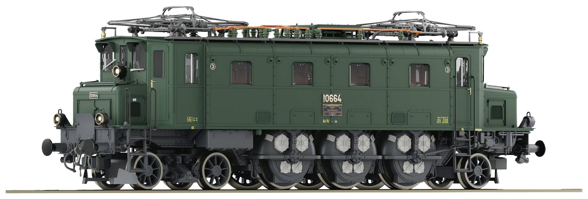 Zelena modelna železniška kompozicija znamke Märklin, serija 10664, stoji na tirih. Natančen prikaz z vidno gornjo električno napeljavo in kolesi.