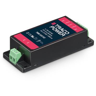 Črni napajalnik z rdečim in črnim napisom 'TRACO POWER', model 'TMM 24-1243C', z zelenimi priključnimi sponkami na obeh koncih.