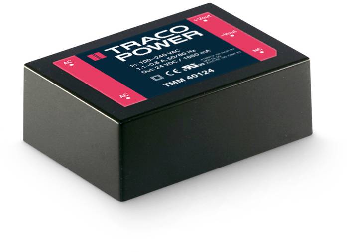Pretvorni modul podjetja Traco Power z vhodno napetostjo 85-305 VAC, izhod 24 VDC, 3,34 A. Črno ohišje z rdečo in modro nalepko.