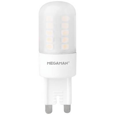 Energijsko učinkovita LED-žarnica z vtičnico G9, znamke 'Megaman', valjaste oblike, z vidnimi svetlobnimi elementi v notranjosti.