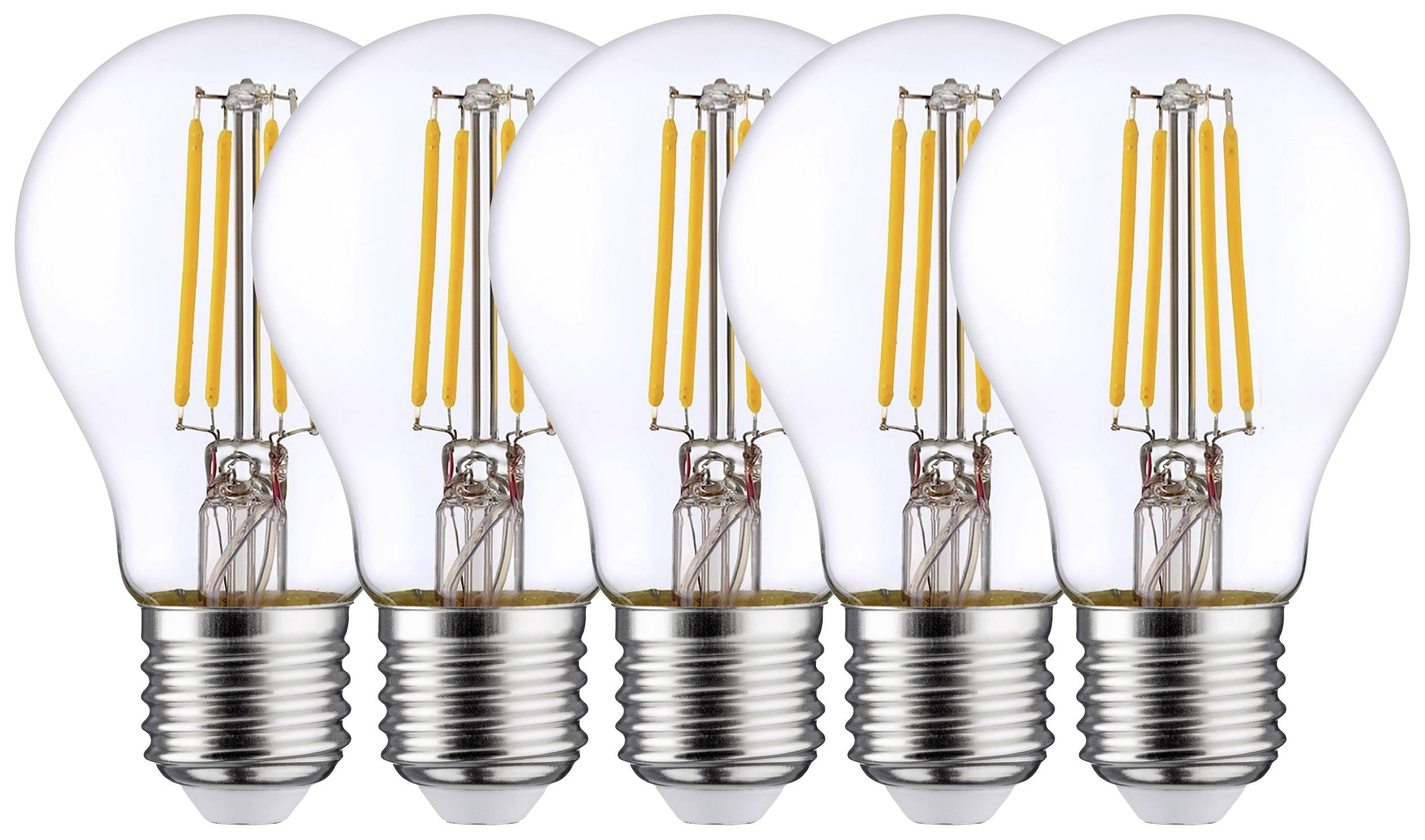 Pet LED žarnic v vrsti prikazuje tehnologijo nitke. Primerne so za energijsko varčno razsvetljavo.