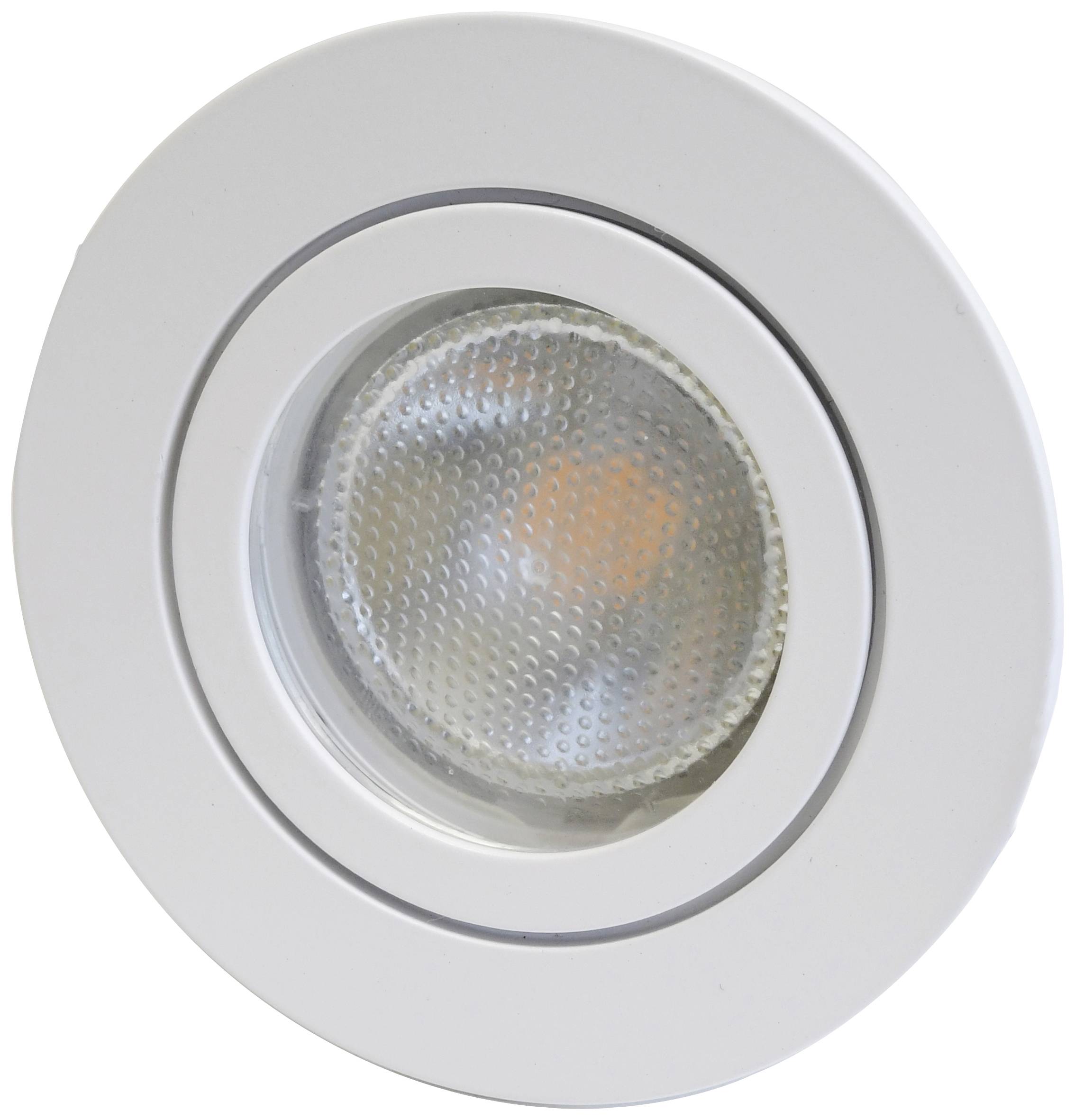 Okrogel, bel stropni reflektor z integrirano LED-lučjo, primeren za sodobno notranjo razsvetljavo.