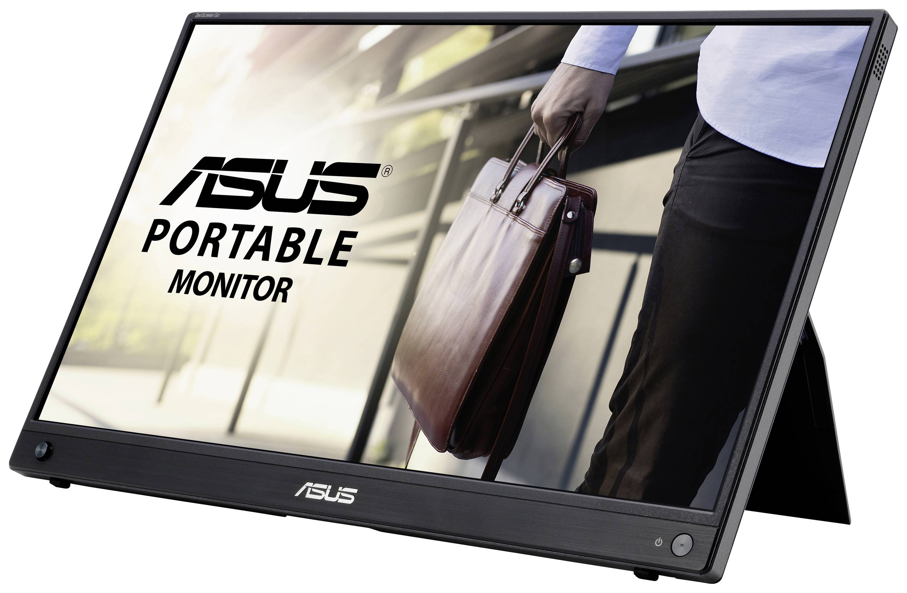 Oseba hodi z aktovko v roki. Na zaslonu piše 'ASUS prenosni monitor'.