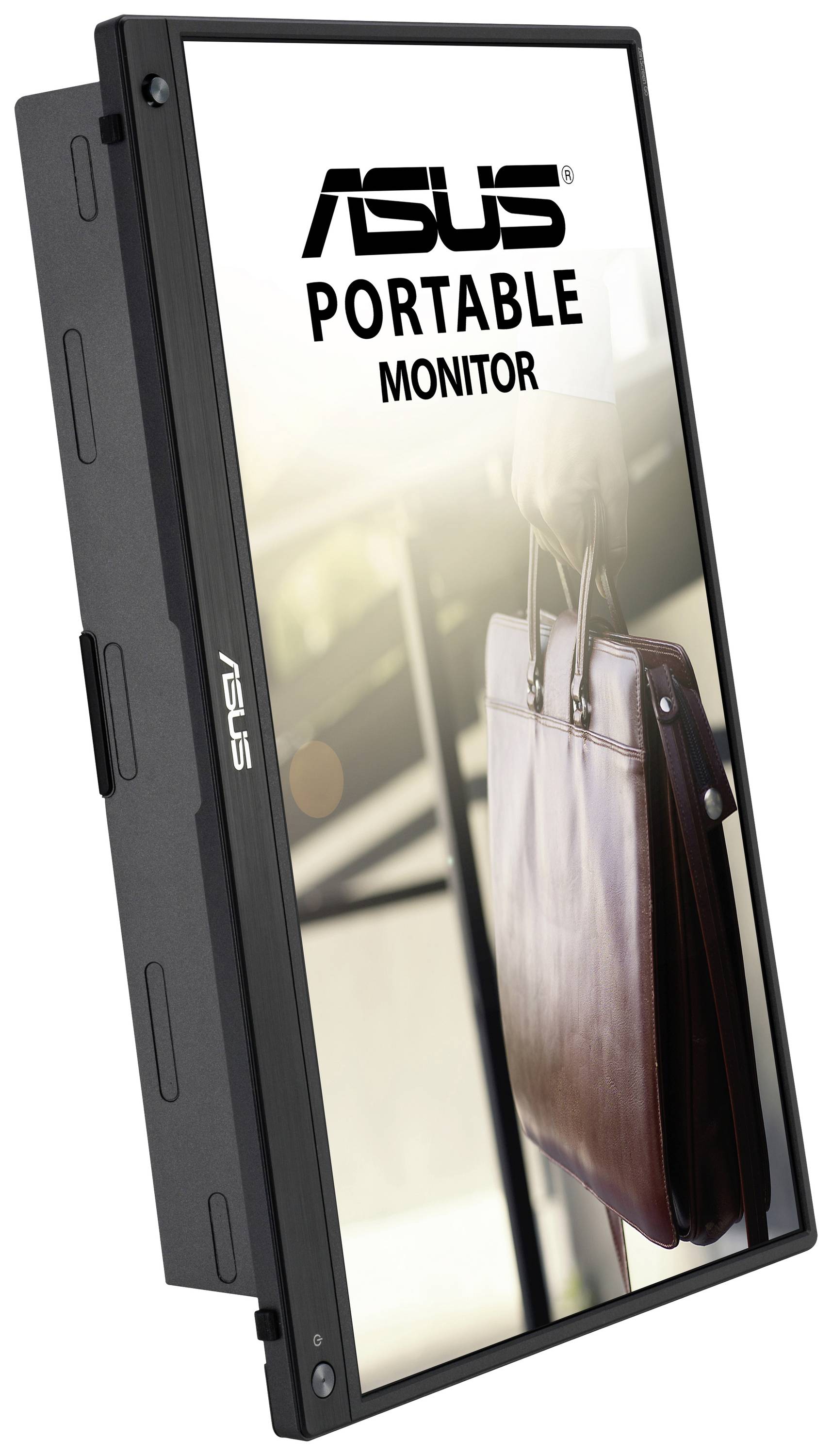 Prenosni monitor Asus z sliko usnjene torbe v ozadju.
