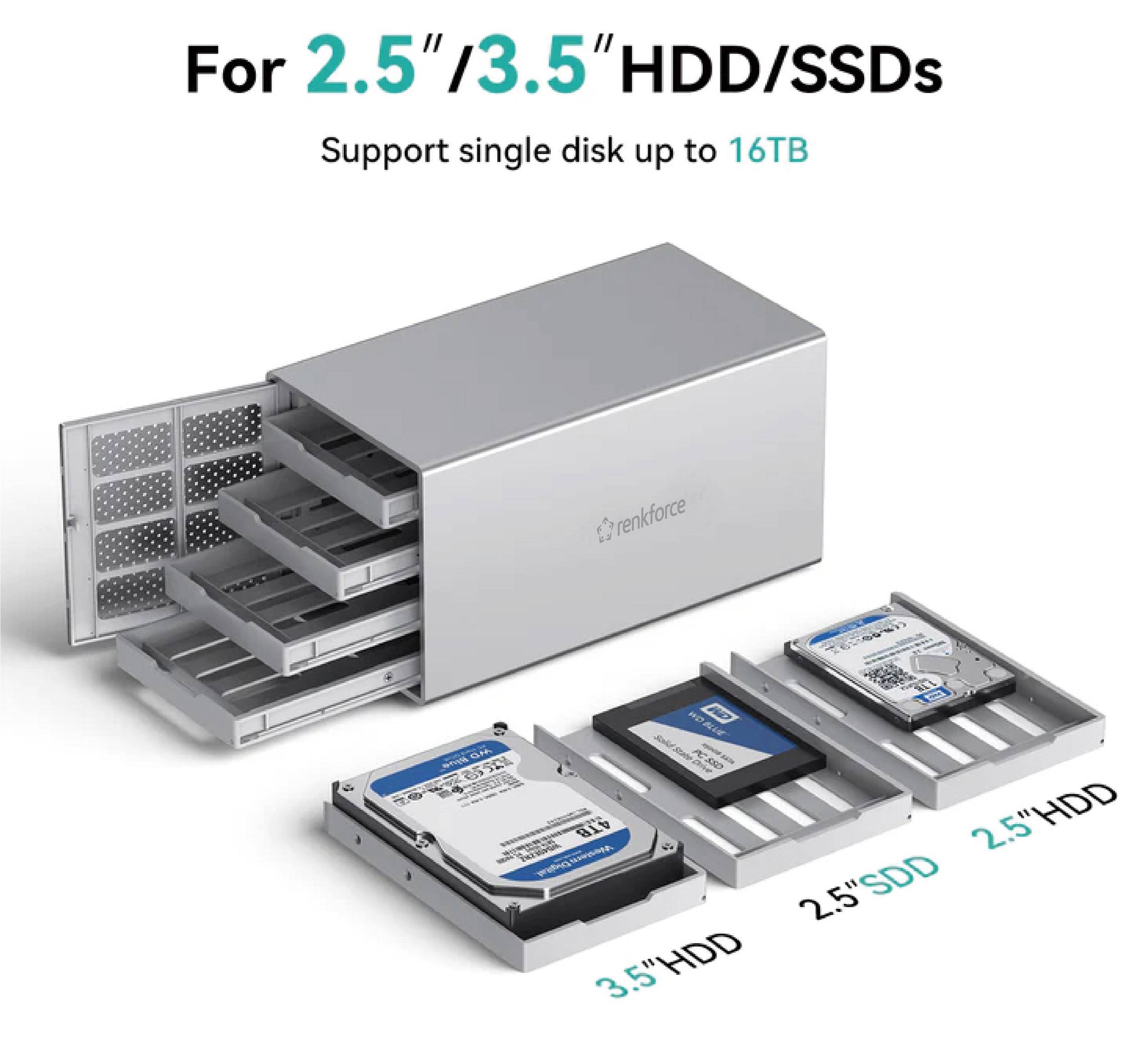 Ohišje za 2,5"/3,5" trde diske/SSD-je, podpira posamezne trde diske do 16 TB. Prikazuje več trdih diskov in SSD-jev.