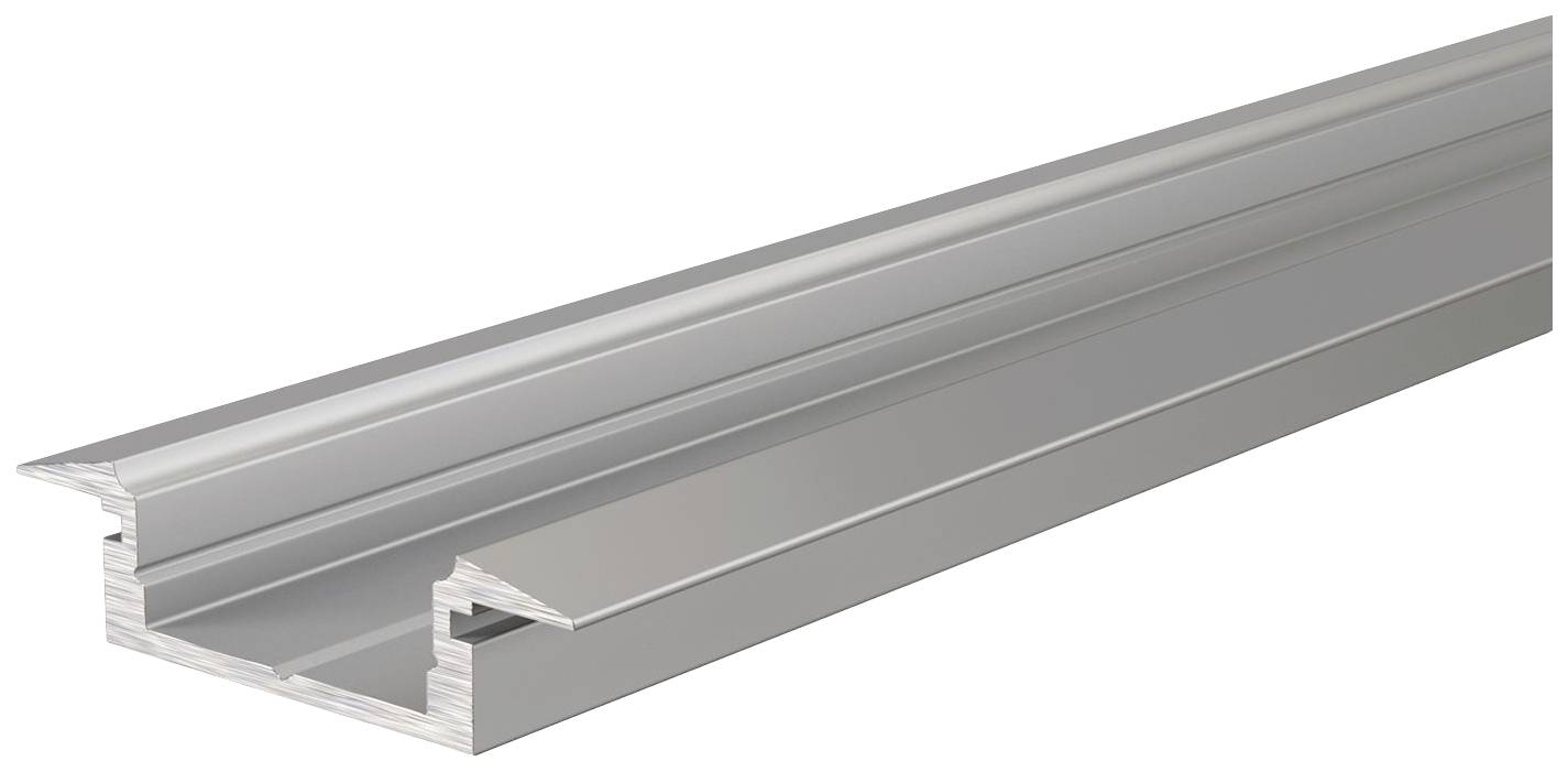 Srebrni aluminijasti profil z utornim kanalom, primeren za pohištveno, gradbeno ali industrijsko montažo, na belem ozadju.