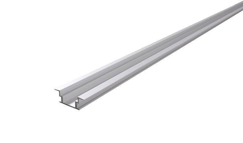 Aluminijasta H-profila tirnica, podolgovata in srebrne barve, uporabljena za namestitev materialov ali pritrjevanje.