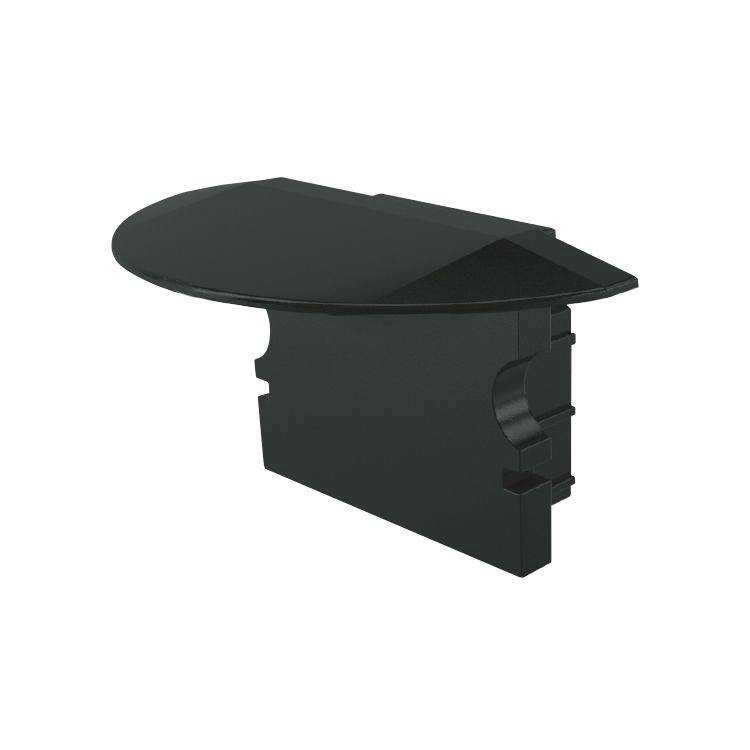 Črna pokrovka za kabelski kanal pravokotne oblike z gladko površino in preprostim pritrdilnim mehanizmom na zadnji strani.